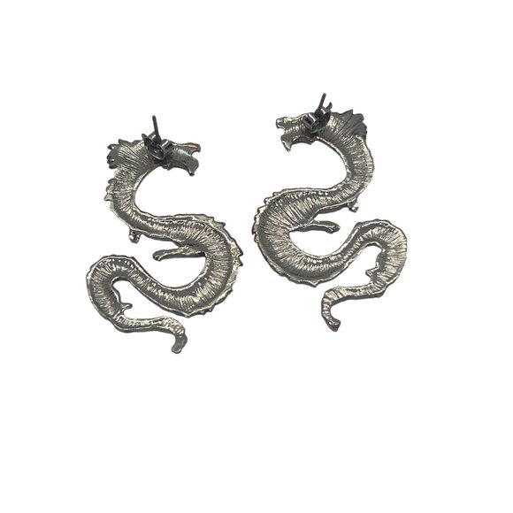 Silver Dragon Earrings Mystical Chinese Fantasy Intricate Detailing 2.25" - Picture 3 of 4